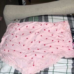 Pink Lace Trimmed Shorts with Lip Print